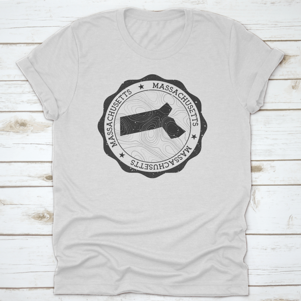 Round sticker featuring a detailed map of Massachusetts, showcasing the state's landmarks and outdoor attractions.