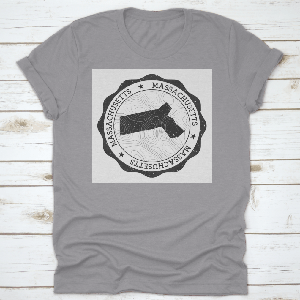 Round sticker featuring a detailed map of Massachusetts, showcasing the state's landmarks and outdoor attractions.