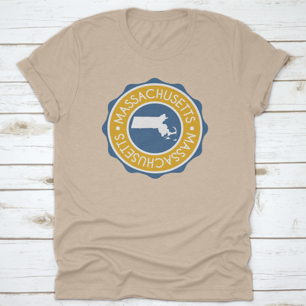 Massachusetts USA Badge Map Vector Seal showcasing the state emblem in vibrant colors on a cotton fabric.