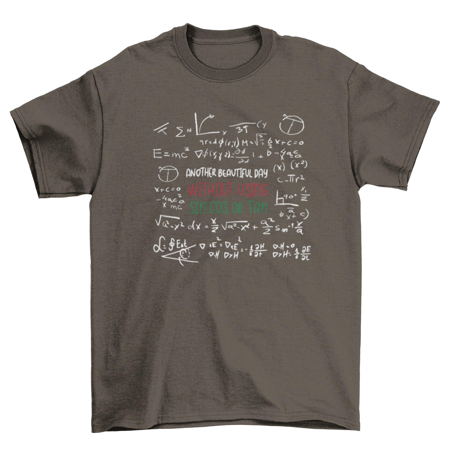 A black t-shirt featuring a blackboard design with math formulas and the quote about sin, cos, and tan.