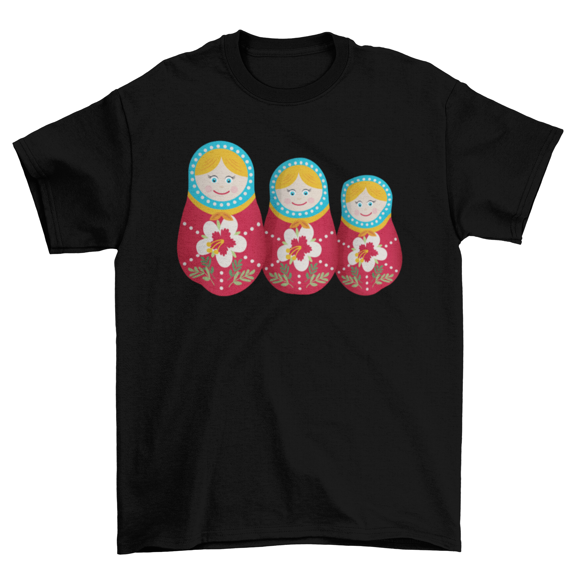 A colorful Matryoshka Doll Set T-shirt featuring three cute Russian dolls in vibrant colors.