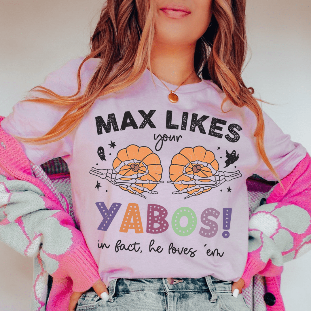 Max Likes Your Yabos Halloween Tee featuring a vibrant design, made from 100% soft cotton, perfect for festive celebrations.