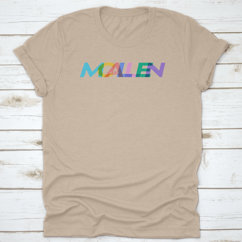 Mcallen Colorful Design T-shirt featuring a vibrant city name on a white background, showcasing a stylish and comfortable fit.