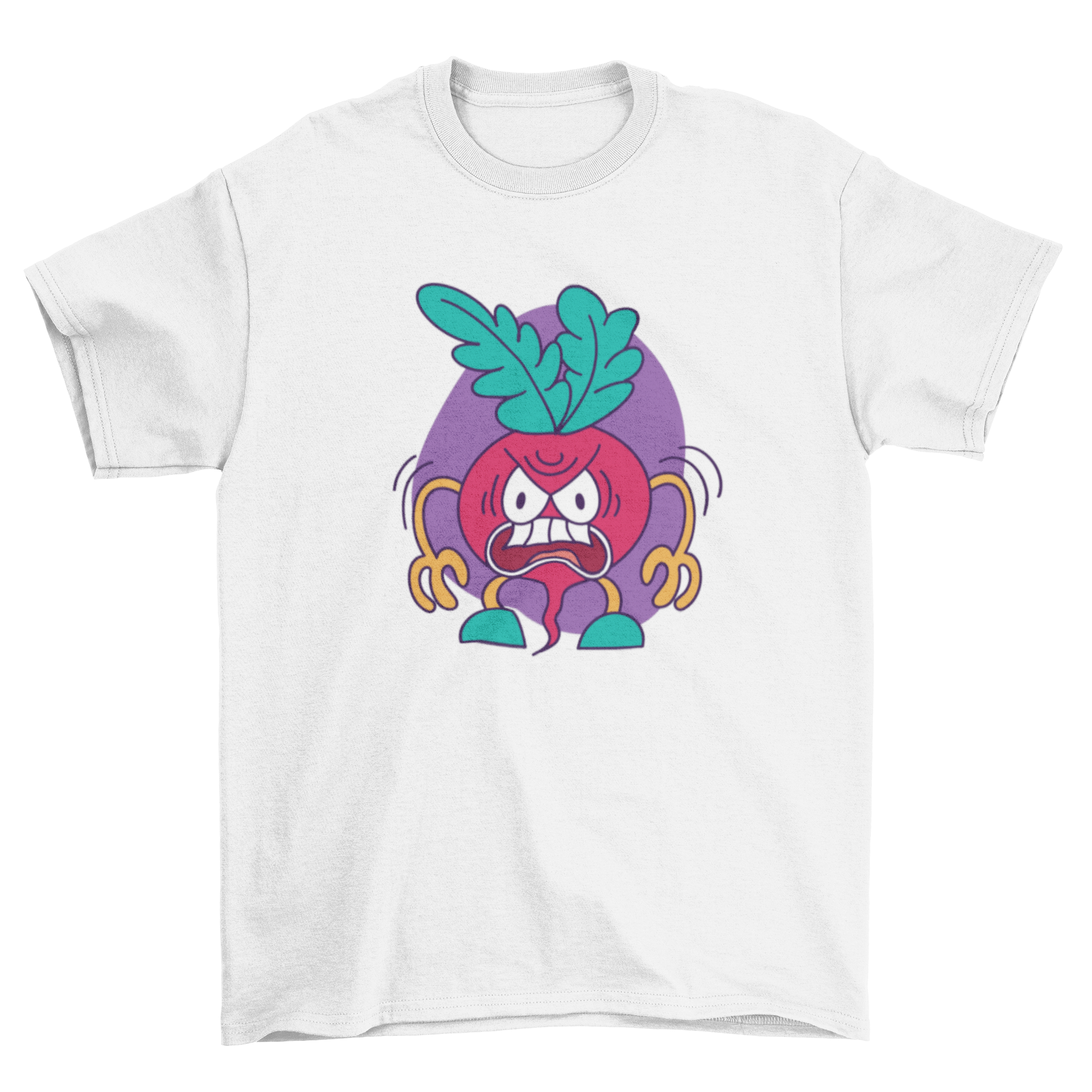 Mean Radish T-Shirt featuring an illustration of an angry radish, perfect for casual wear and unique merchandise.