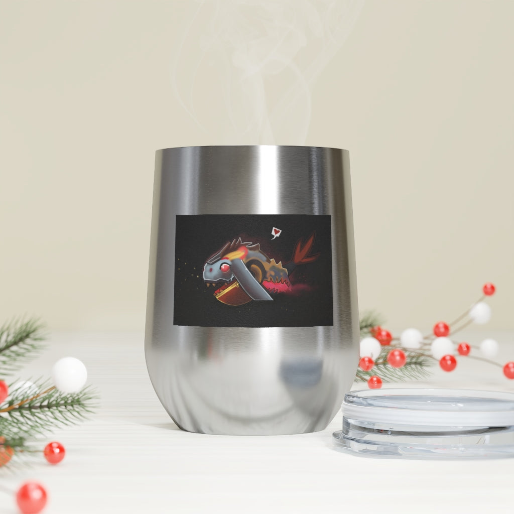 Mecha Whale Strider 12oz Insulated Wine Tumbler with clear lid, showcasing its stylish design and stainless steel finish.