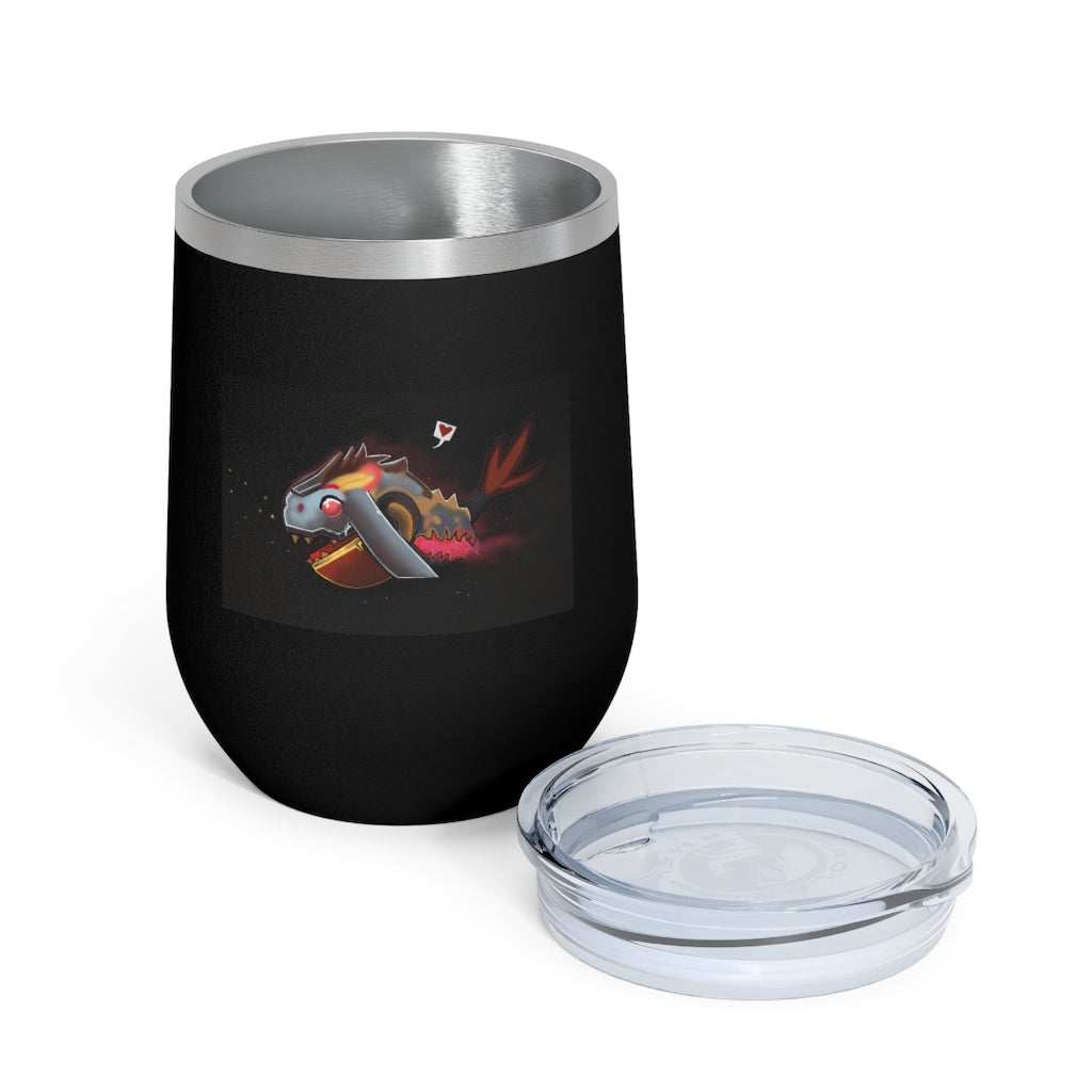 Mecha Whale Strider 12oz Insulated Wine Tumbler with clear lid, showcasing its stylish design and stainless steel finish.
