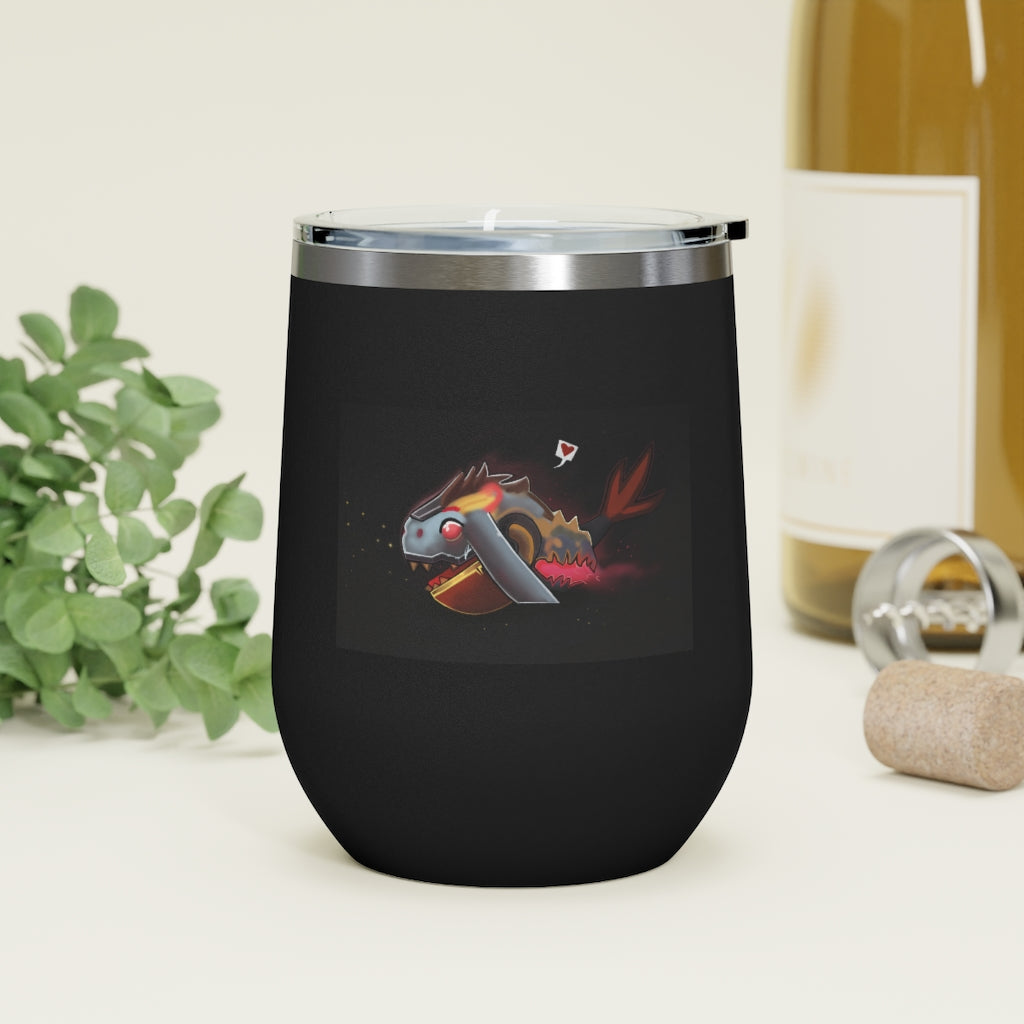 Mecha Whale Strider 12oz Insulated Wine Tumbler with clear lid, showcasing its stylish design and stainless steel finish.