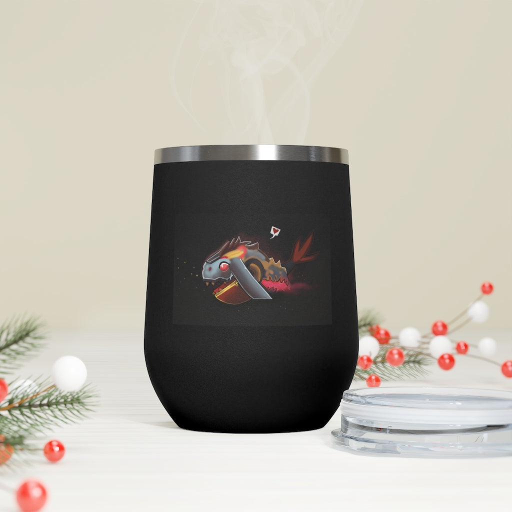 Mecha Whale Strider 12oz Insulated Wine Tumbler with clear lid, showcasing its stylish design and stainless steel finish.