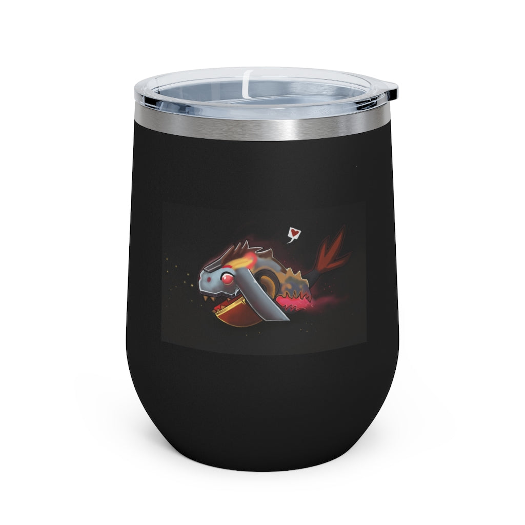 Mecha Whale Strider 12oz Insulated Wine Tumbler with clear lid, showcasing its stylish design and stainless steel finish.