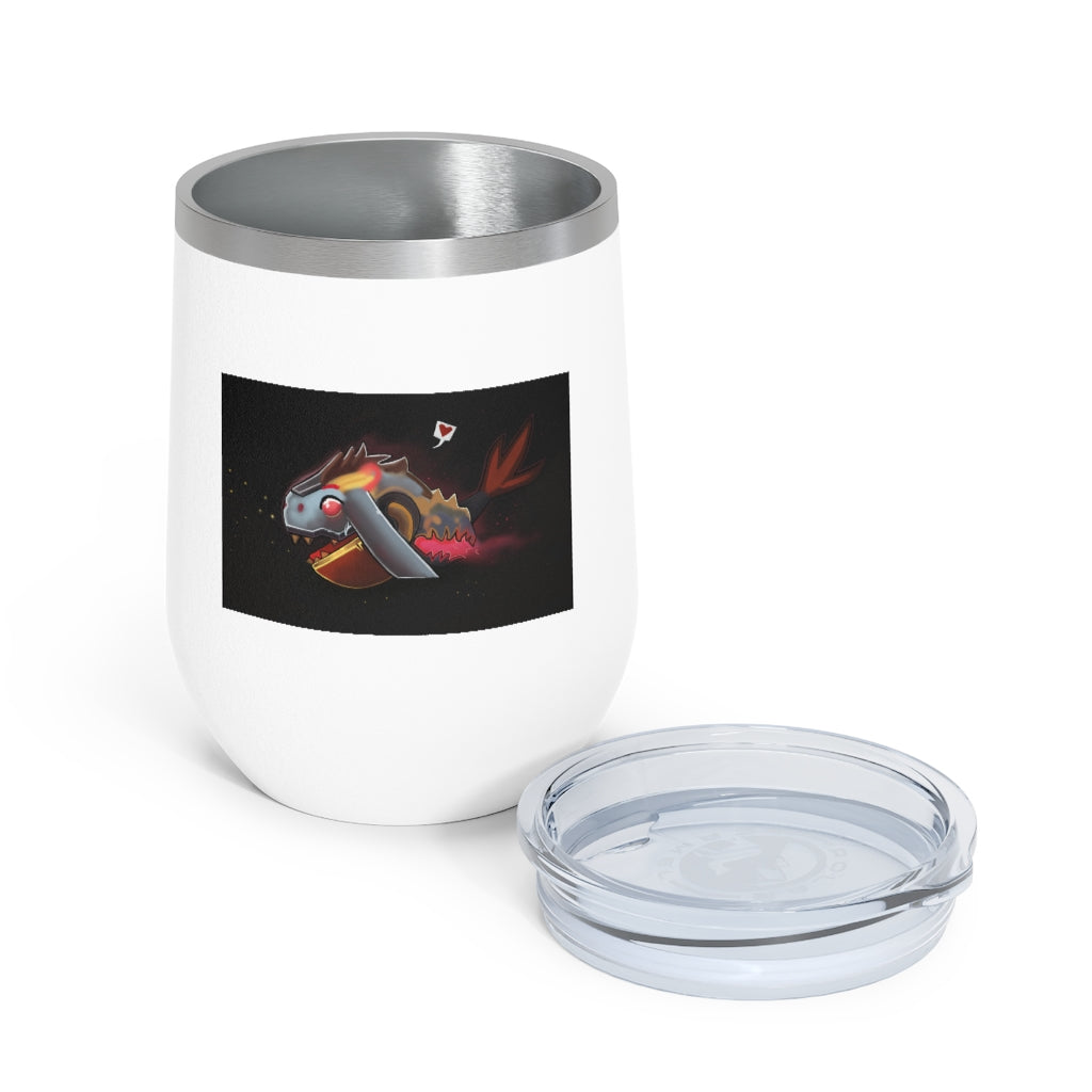 Mecha Whale Strider 12oz Insulated Wine Tumbler with clear lid, showcasing its stylish design and stainless steel finish.