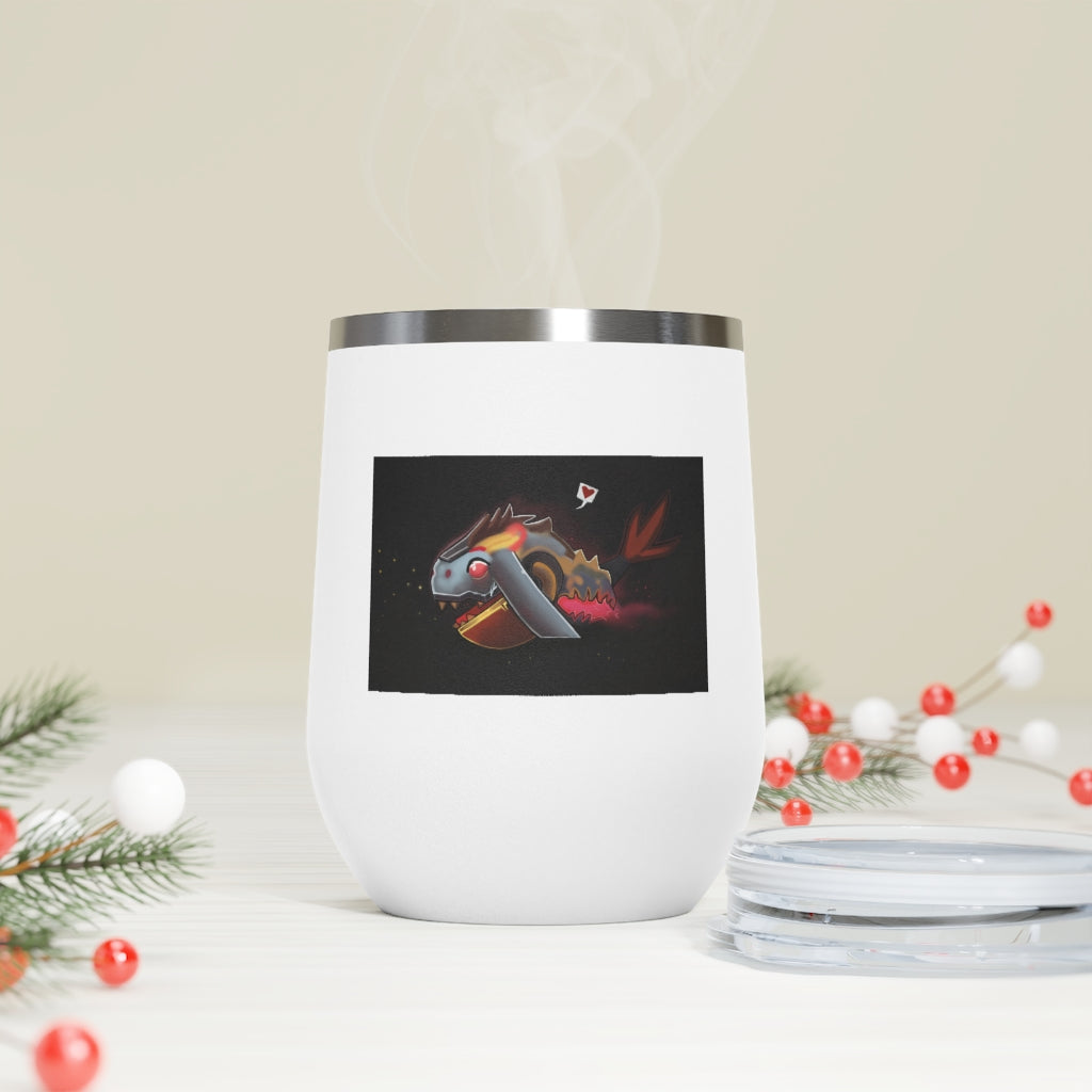 Mecha Whale Strider 12oz Insulated Wine Tumbler with clear lid, showcasing its stylish design and stainless steel finish.