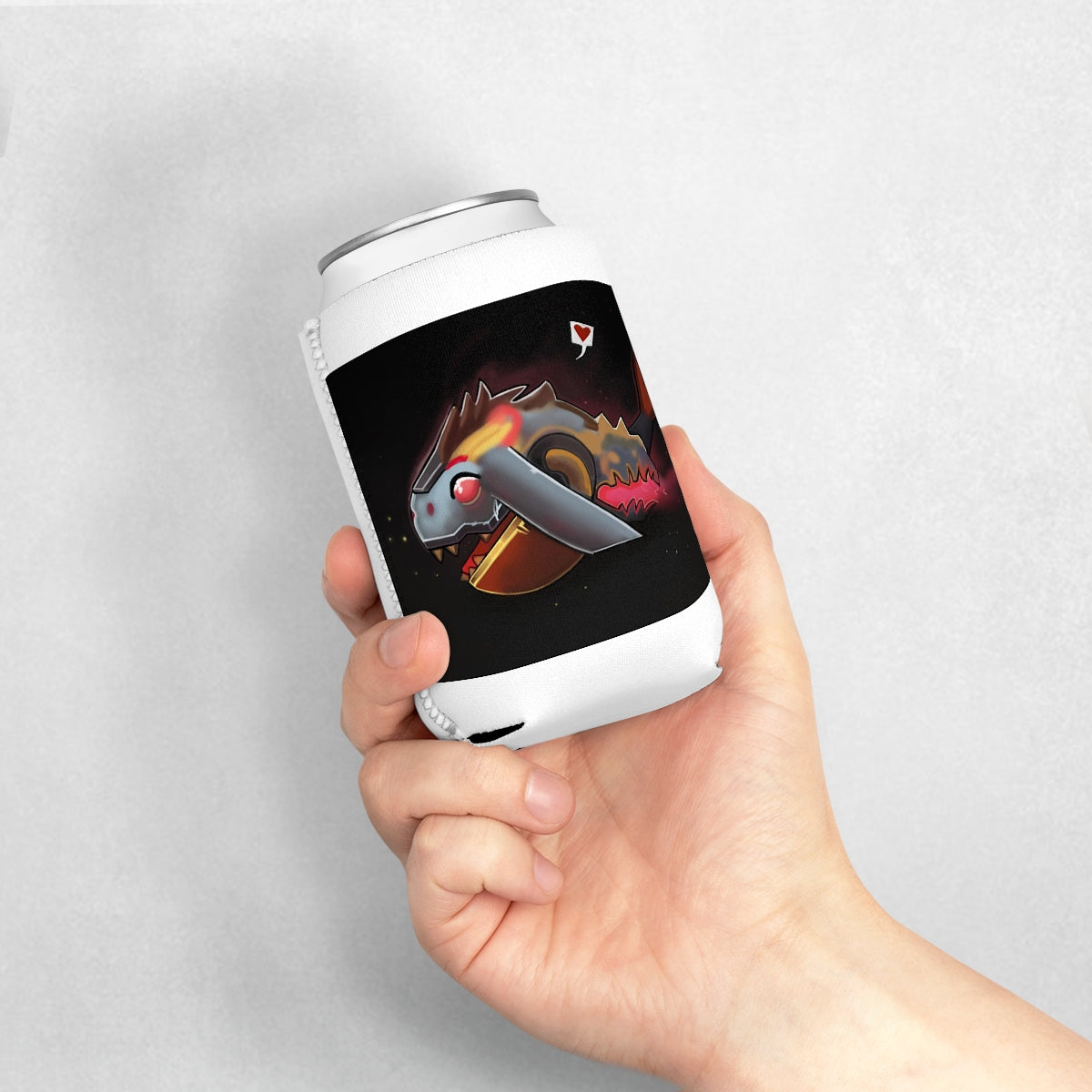 Mecha Whale Strider Can Cooler Sleeve in a stylish design, made of durable neoprene, fitting a standard 12 oz can.