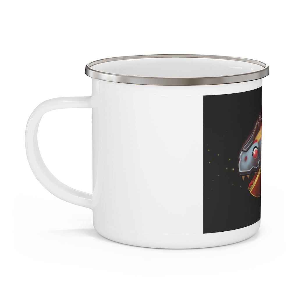 Mecha Whale Strider Enamel Camping Mug featuring a stylish design, durable enamel finish, and a C-handle for easy grip.