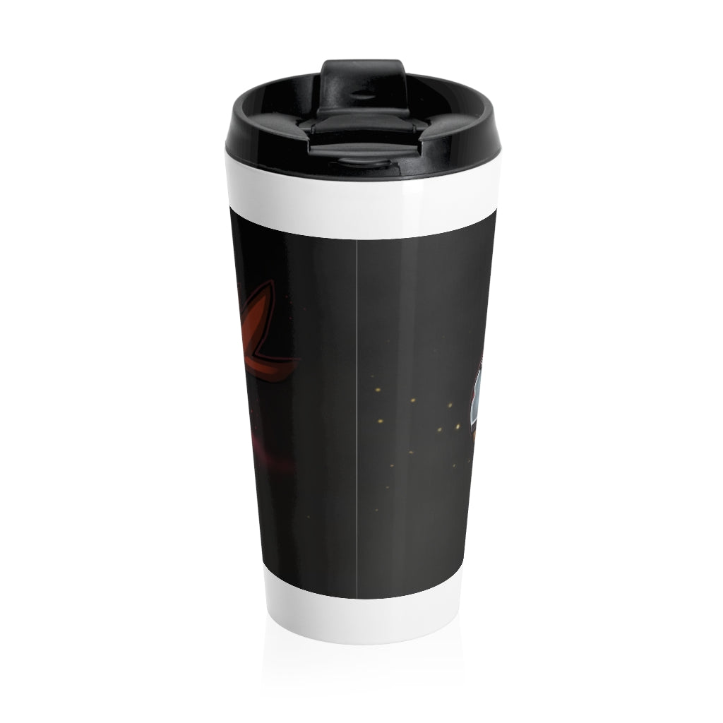 Mecha Whale Strider Stainless Steel Travel Mug with black lid and vibrant sublimation design, perfect for coffee and tea lovers.