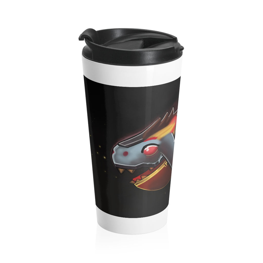 Mecha Whale Strider Stainless Steel Travel Mug with black lid and vibrant sublimation design, perfect for coffee and tea lovers.