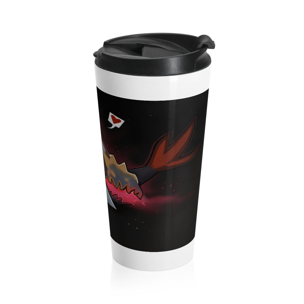 Mecha Whale Strider Stainless Steel Travel Mug with black lid and vibrant sublimation design, perfect for coffee and tea lovers.