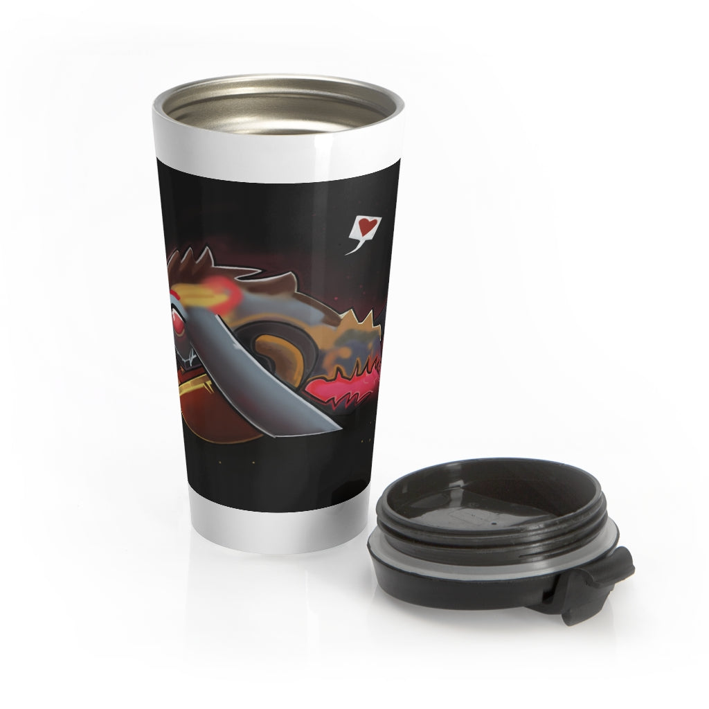 Mecha Whale Strider Stainless Steel Travel Mug with black lid and vibrant sublimation design, perfect for coffee and tea lovers.