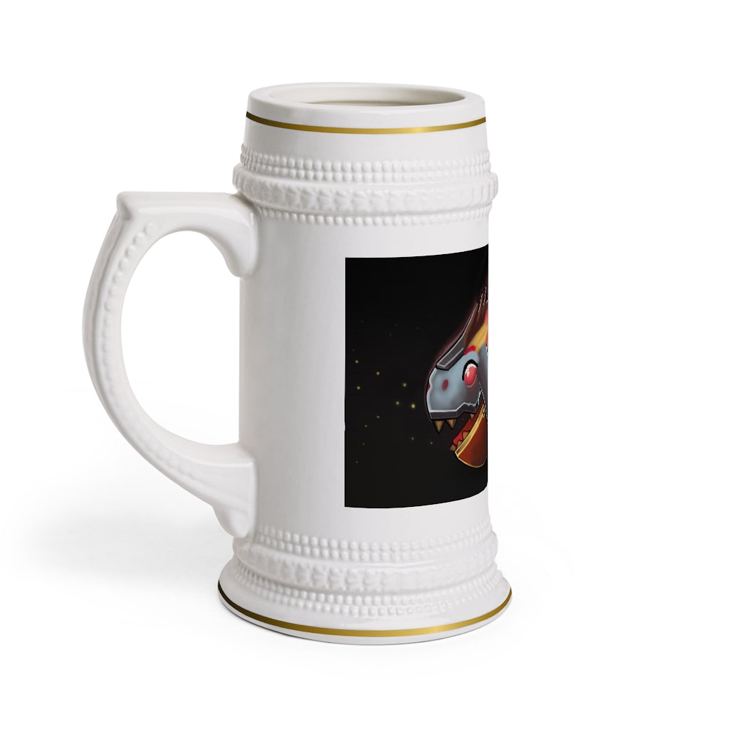 A stylish Mecha Whale Strider Stein Mug made of durable white ceramic, featuring ribbed outlines and a customizable design surface.