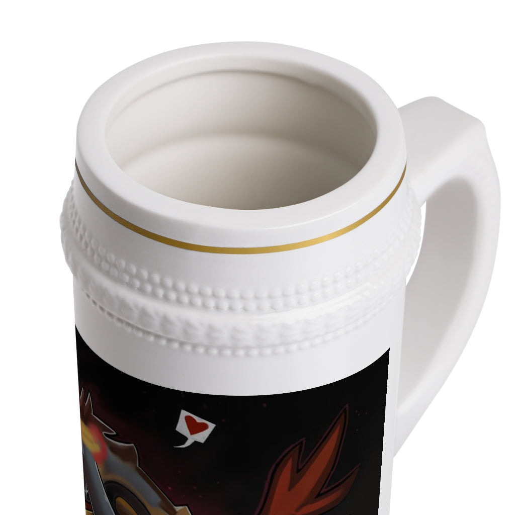 A stylish Mecha Whale Strider Stein Mug made of durable white ceramic, featuring ribbed outlines and a customizable design surface.
