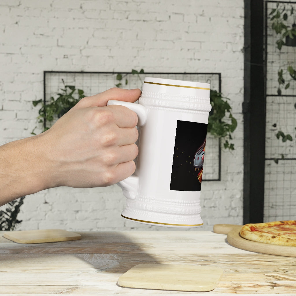 A stylish Mecha Whale Strider Stein Mug made of durable white ceramic, featuring ribbed outlines and a customizable design surface.