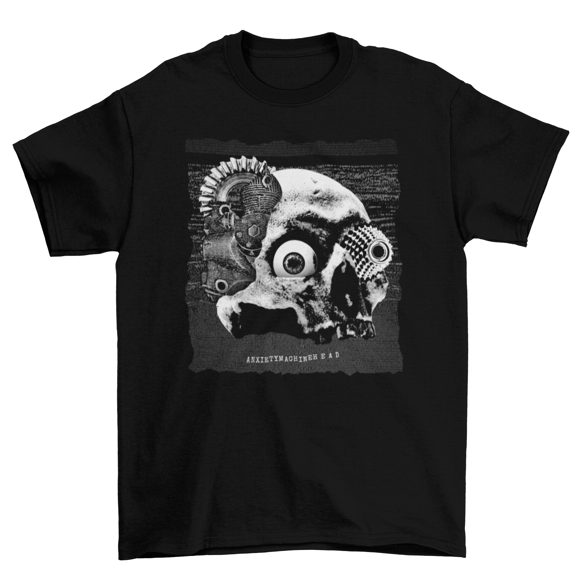 Mechanical skull t-shirt featuring a skull with machine pieces and the quote 'Anxiety Machine Head' in bold font.