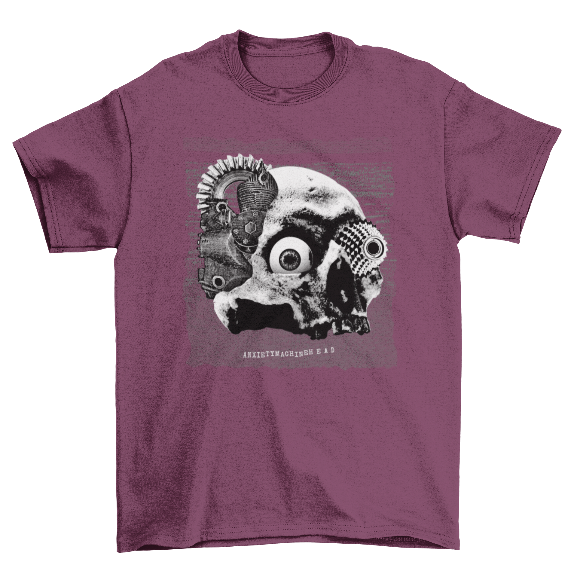 Mechanical skull t-shirt featuring a skull with machine pieces and the quote 'Anxiety Machine Head' in bold font.