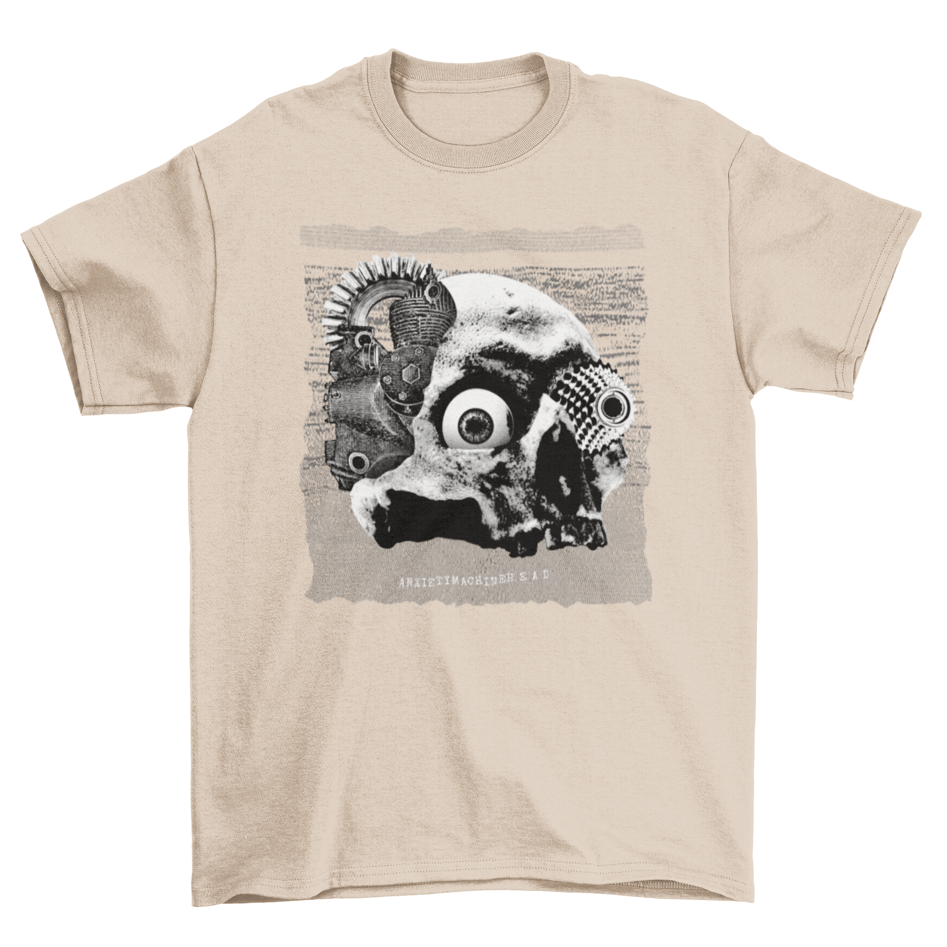 Mechanical skull t-shirt featuring a skull with machine pieces and the quote 'Anxiety Machine Head' in bold font.