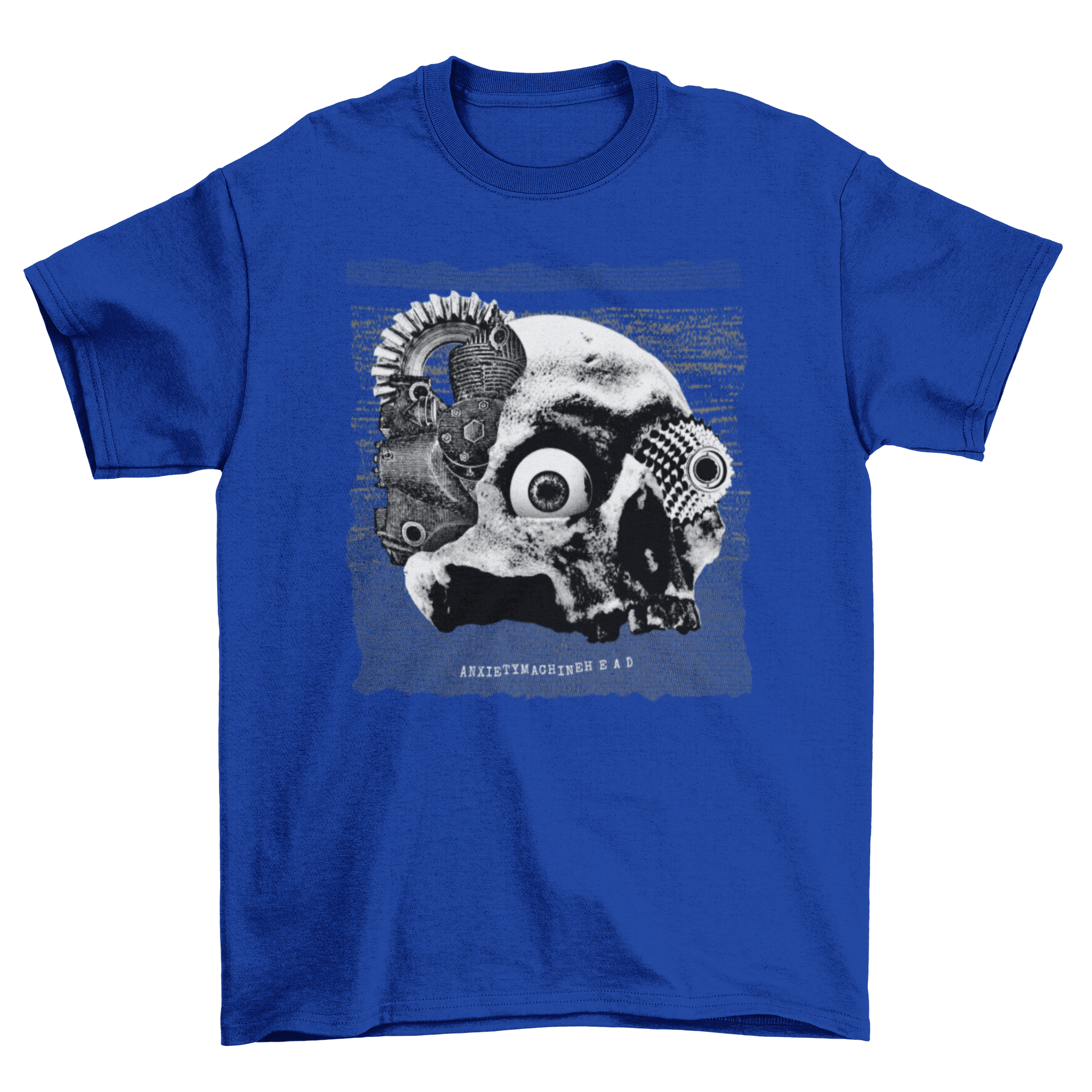 Mechanical skull t-shirt featuring a skull with machine pieces and the quote 'Anxiety Machine Head' in bold font.