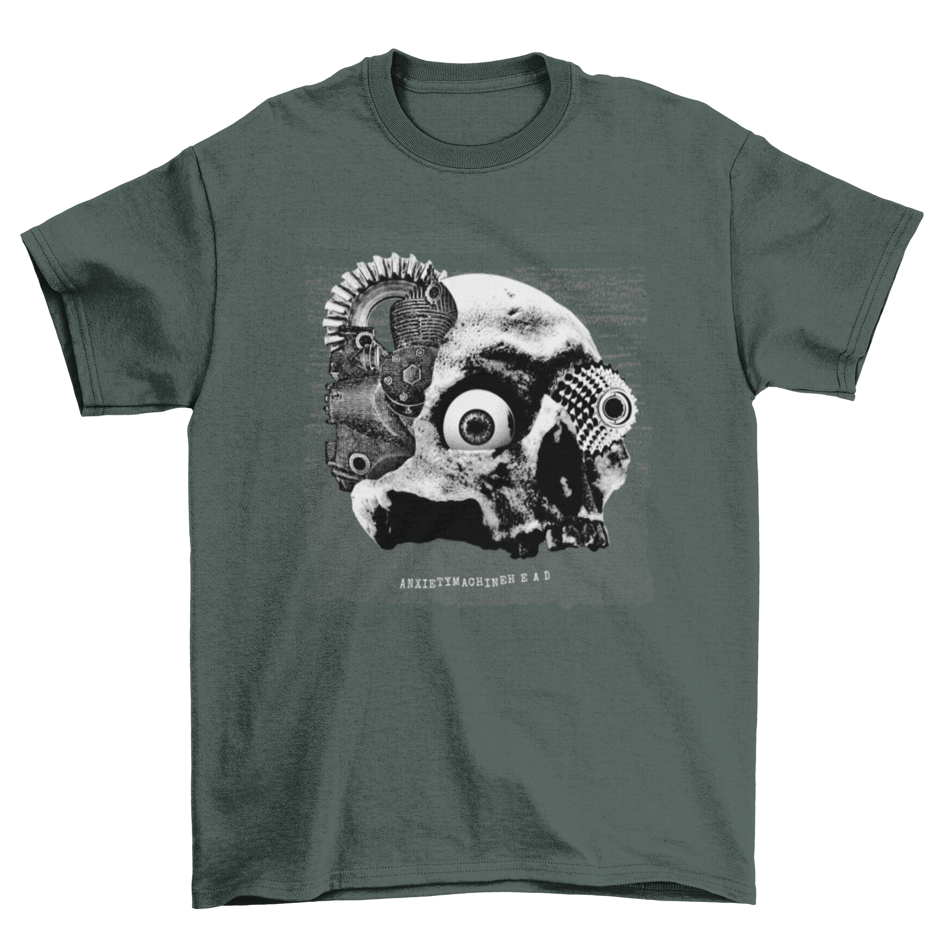 Mechanical skull t-shirt featuring a skull with machine pieces and the quote 'Anxiety Machine Head' in bold font.