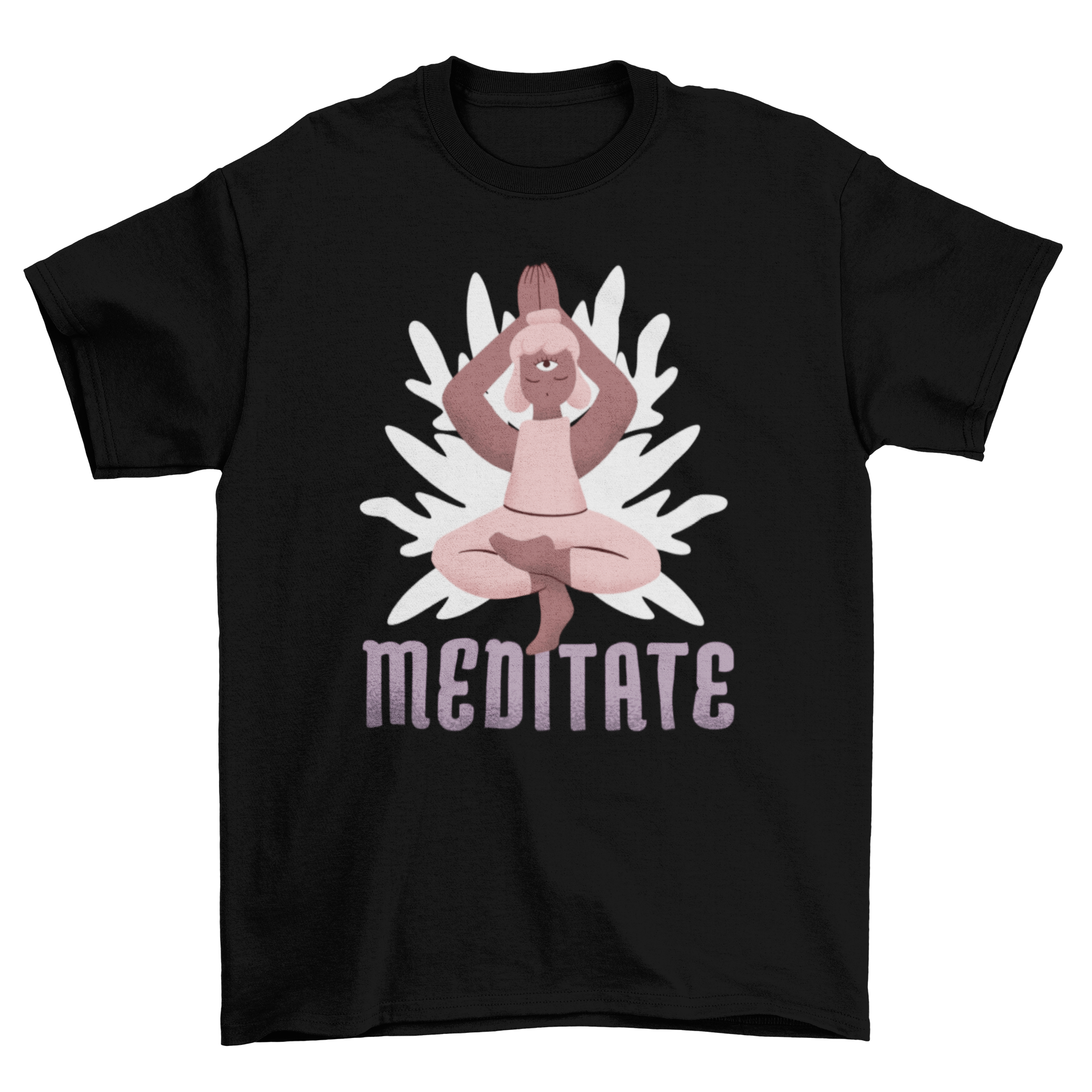 Meditate Character T-shirt featuring a woman in yoga pose with the word MEDITATE below.