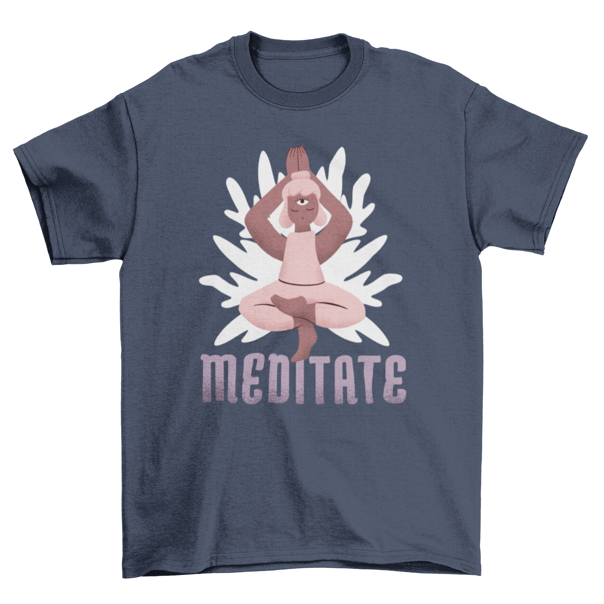 Meditate Character T-shirt featuring a woman in yoga pose with the word MEDITATE below.