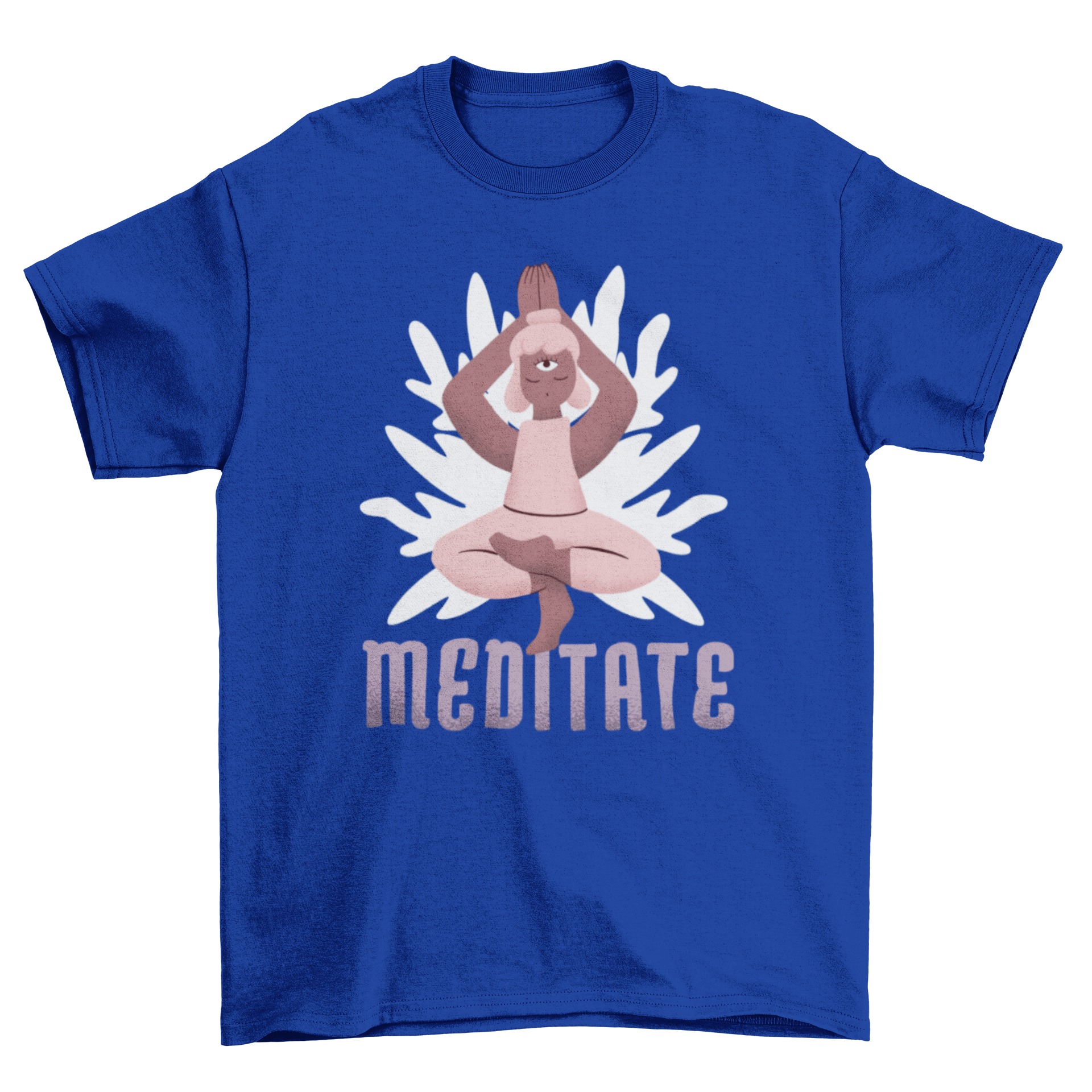 Meditate Character T-shirt featuring a woman in yoga pose with the word MEDITATE below.