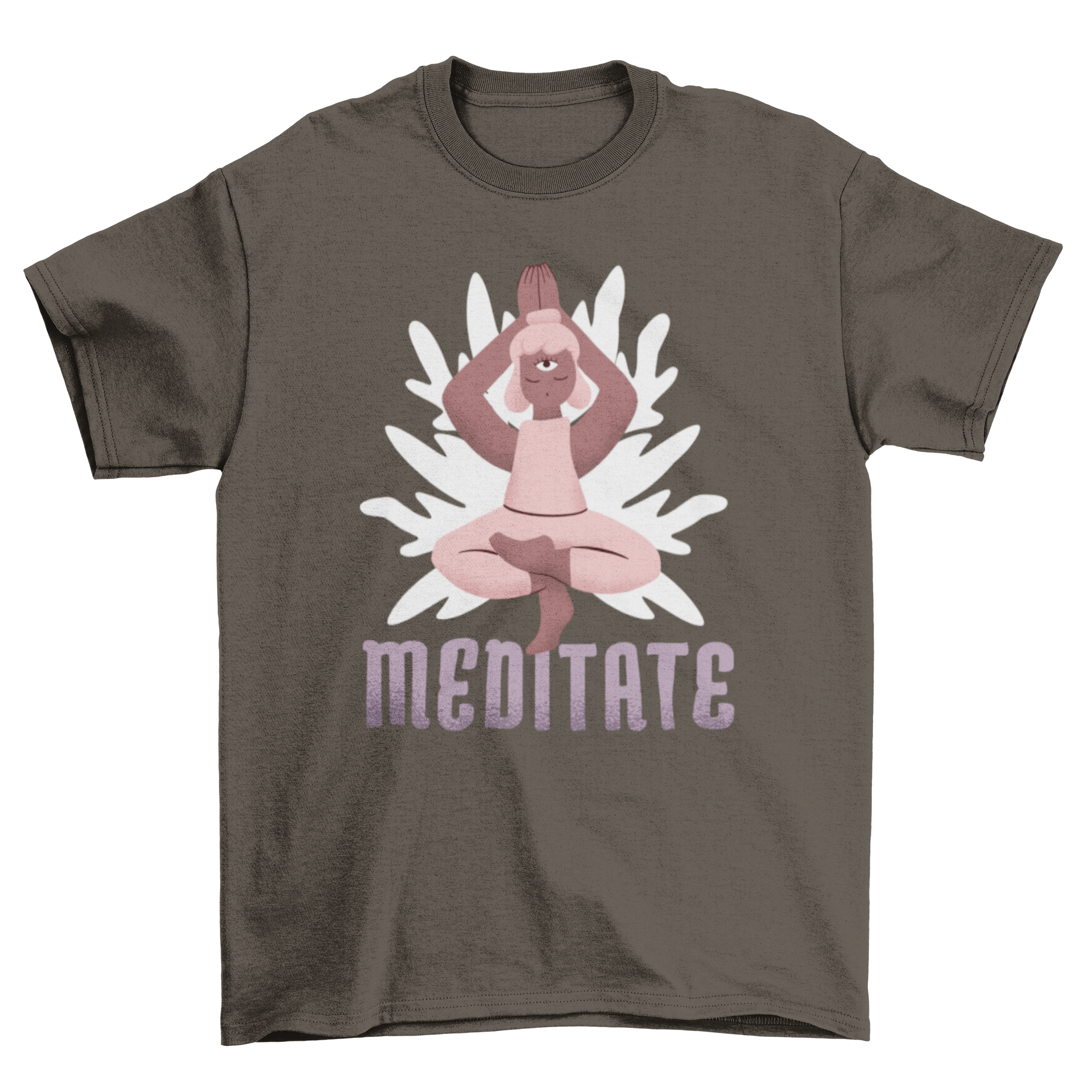 Meditate Character T-shirt featuring a woman in yoga pose with the word MEDITATE below.