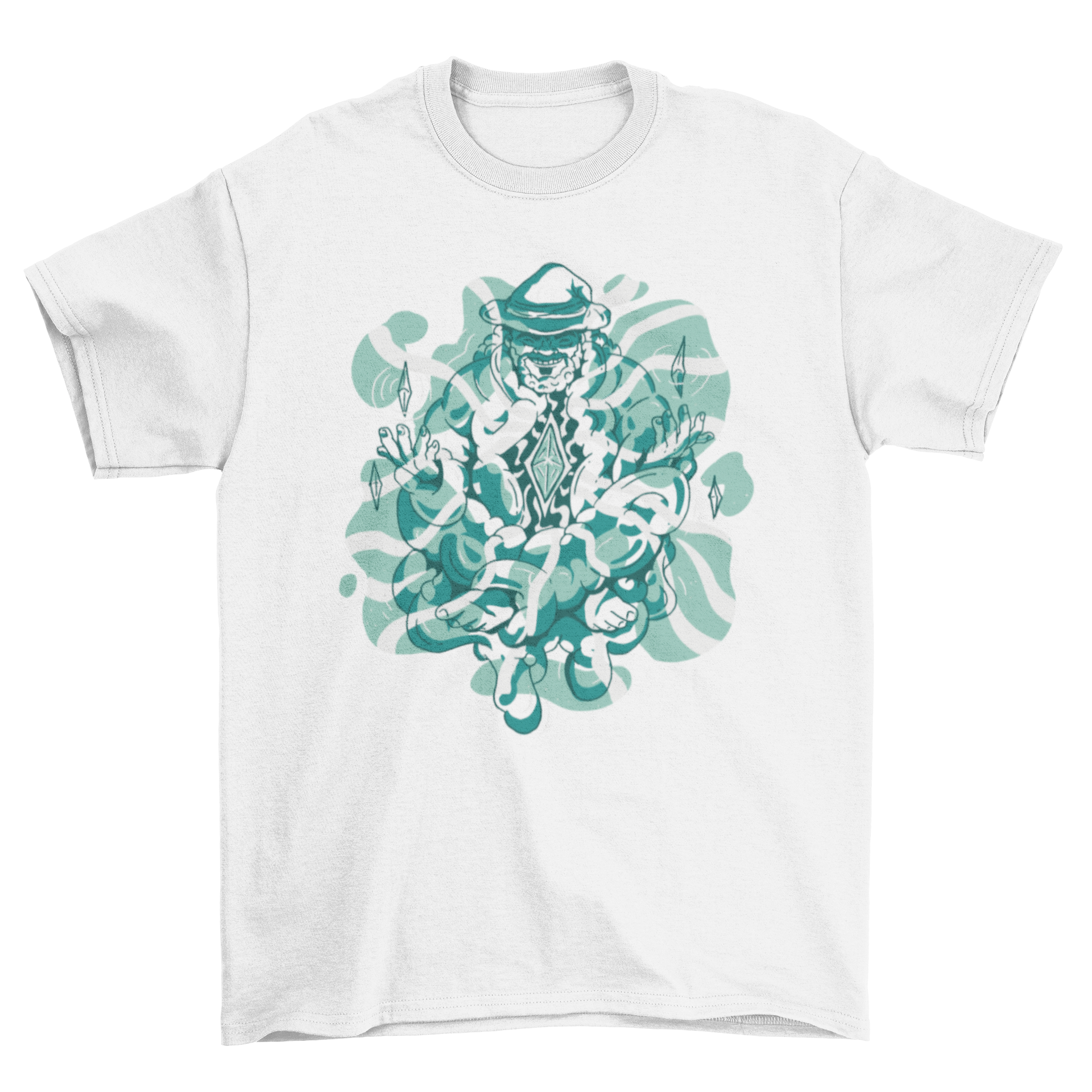 A comfortable t-shirt featuring a wizard in a meditative pose, showcasing a unique and magical design.