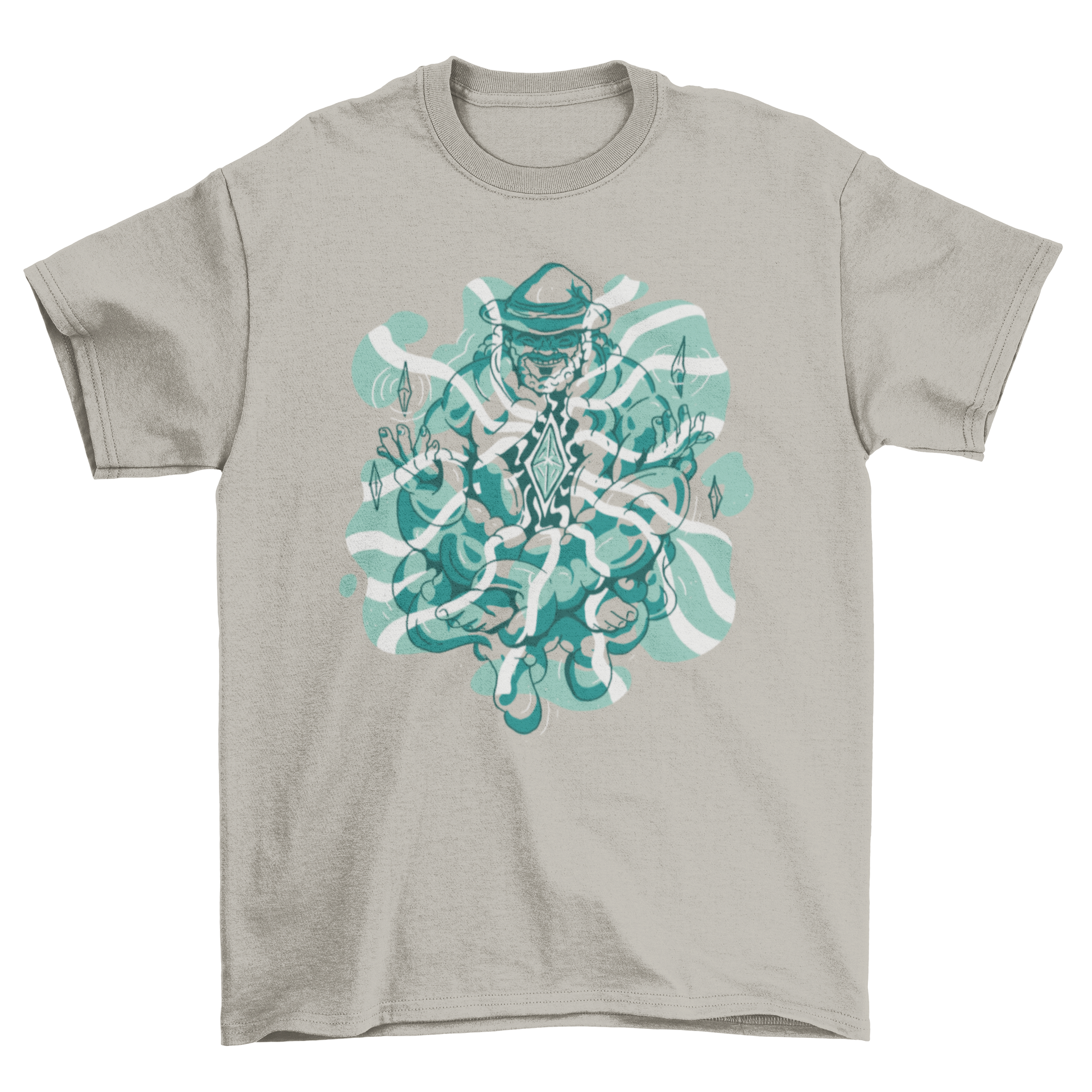 A comfortable t-shirt featuring a wizard in a meditative pose, showcasing a unique and magical design.