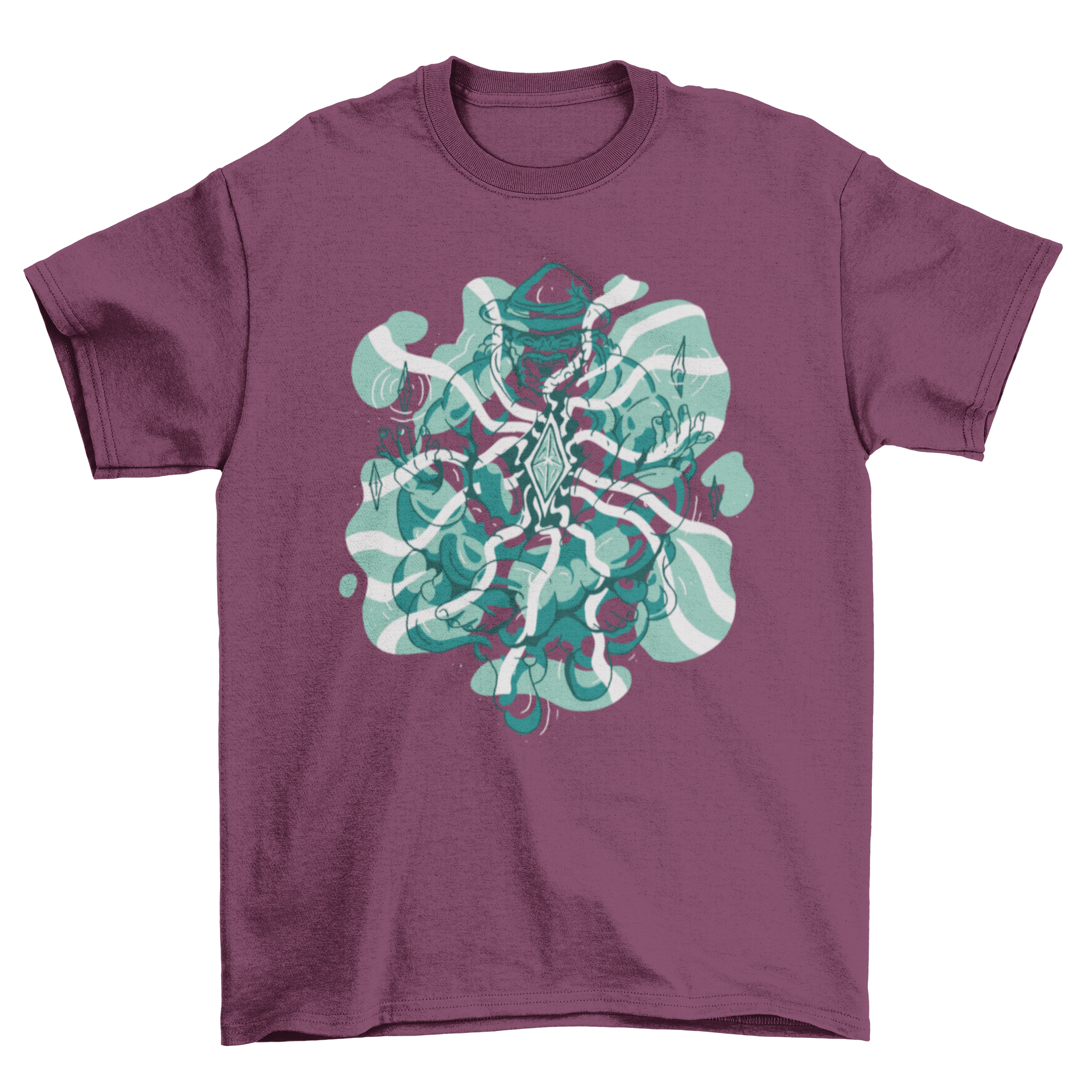A comfortable t-shirt featuring a wizard in a meditative pose, showcasing a unique and magical design.