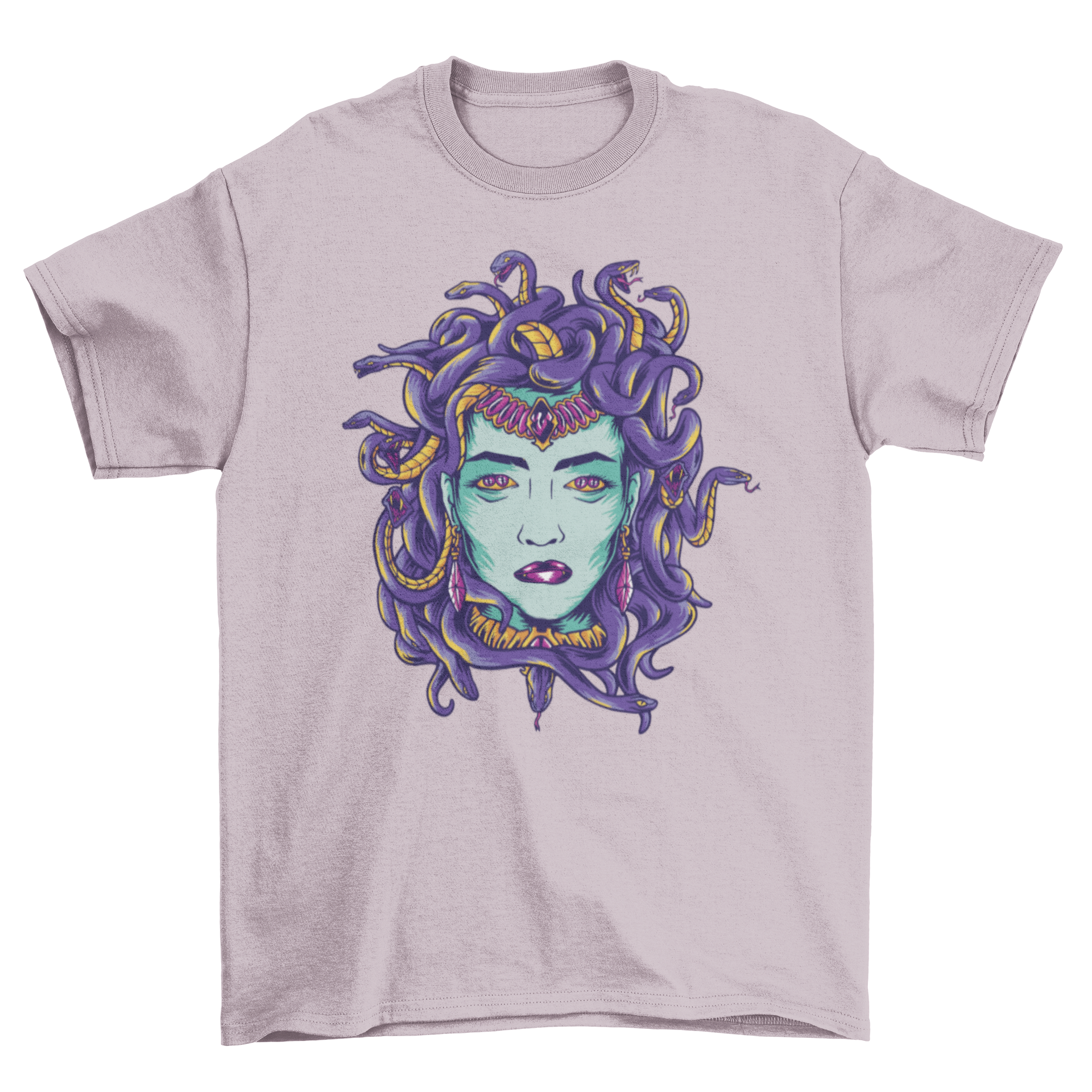 Medusa mythological monster t-shirt featuring a detailed design of Medusa's head with snakes for hair.