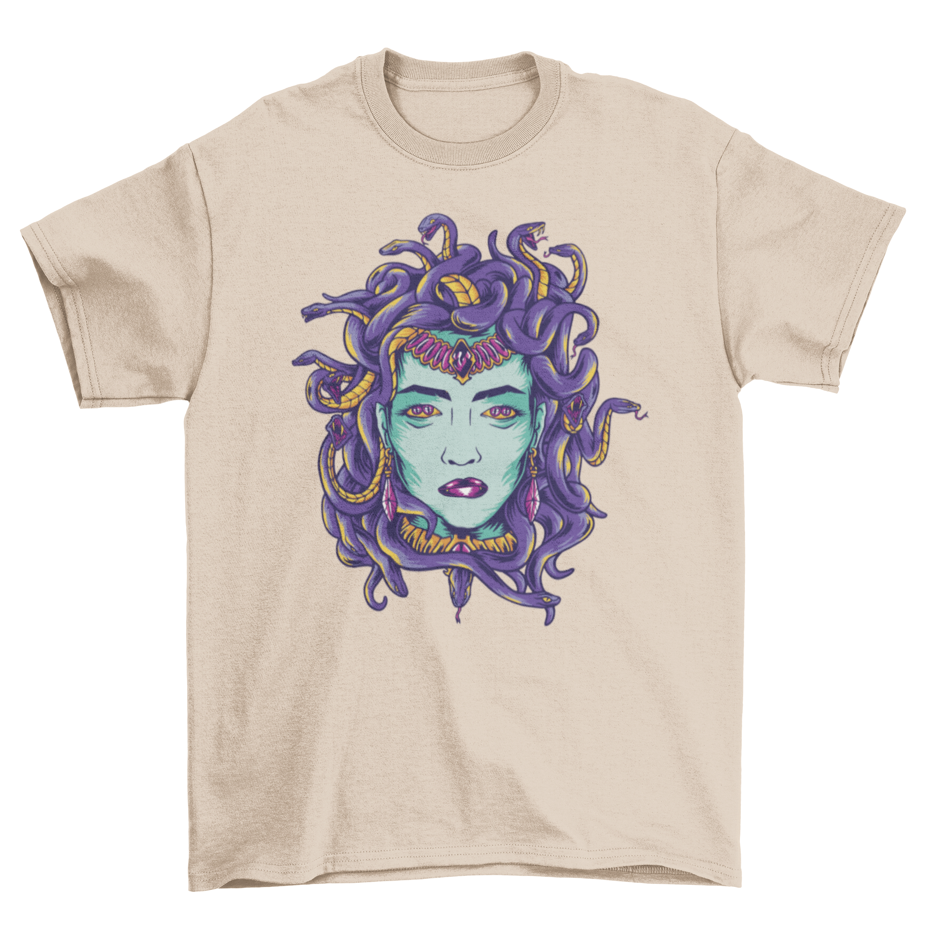 Medusa mythological monster t-shirt featuring a detailed design of Medusa's head with snakes for hair.