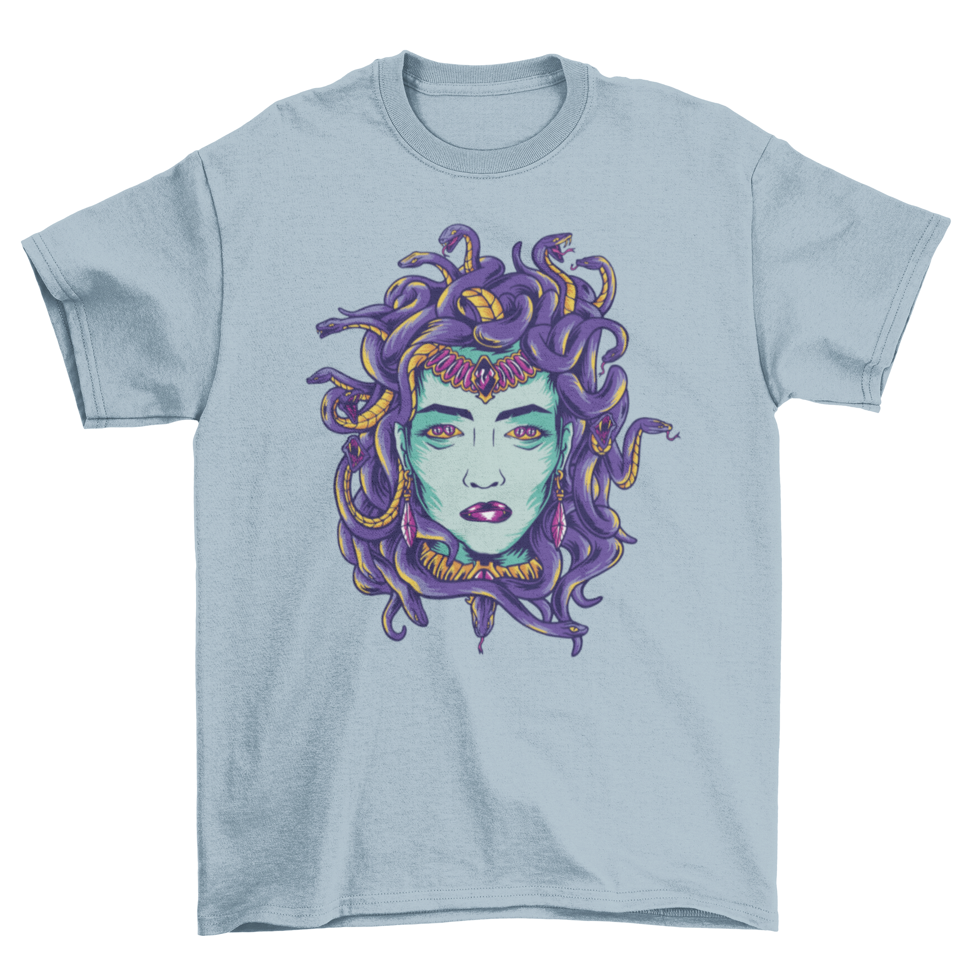 Medusa mythological monster t-shirt featuring a detailed design of Medusa's head with snakes for hair.