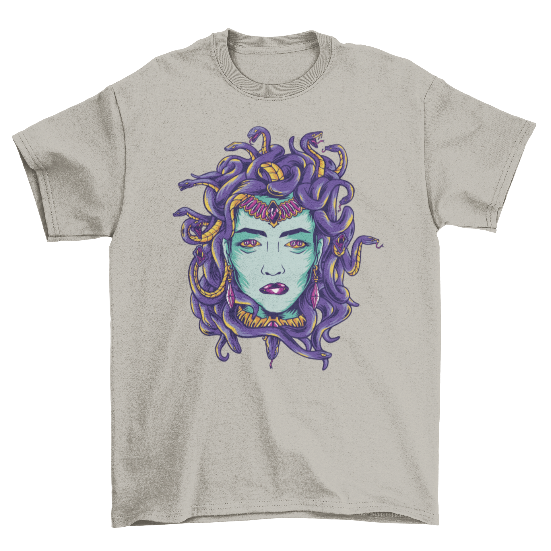 Medusa mythological monster t-shirt featuring a detailed design of Medusa's head with snakes for hair.