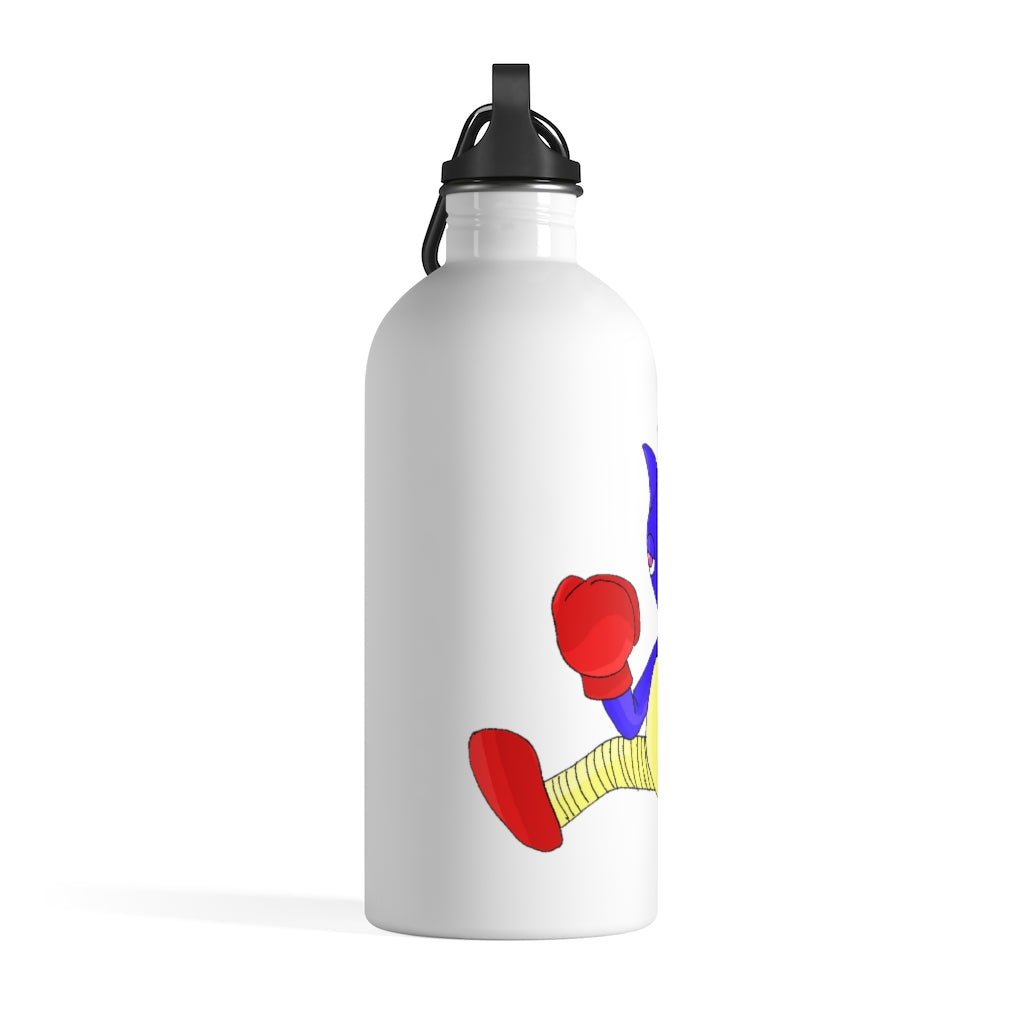 Megatare Stainless Steel Water Bottle with a plastic screw top and carabiner, showcasing its sleek design and quality print.
