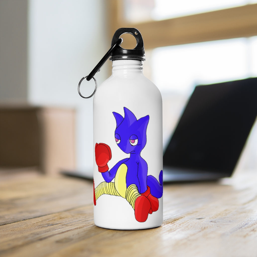 Megatare Stainless Steel Water Bottle with a plastic screw top and carabiner, showcasing its sleek design and quality print.