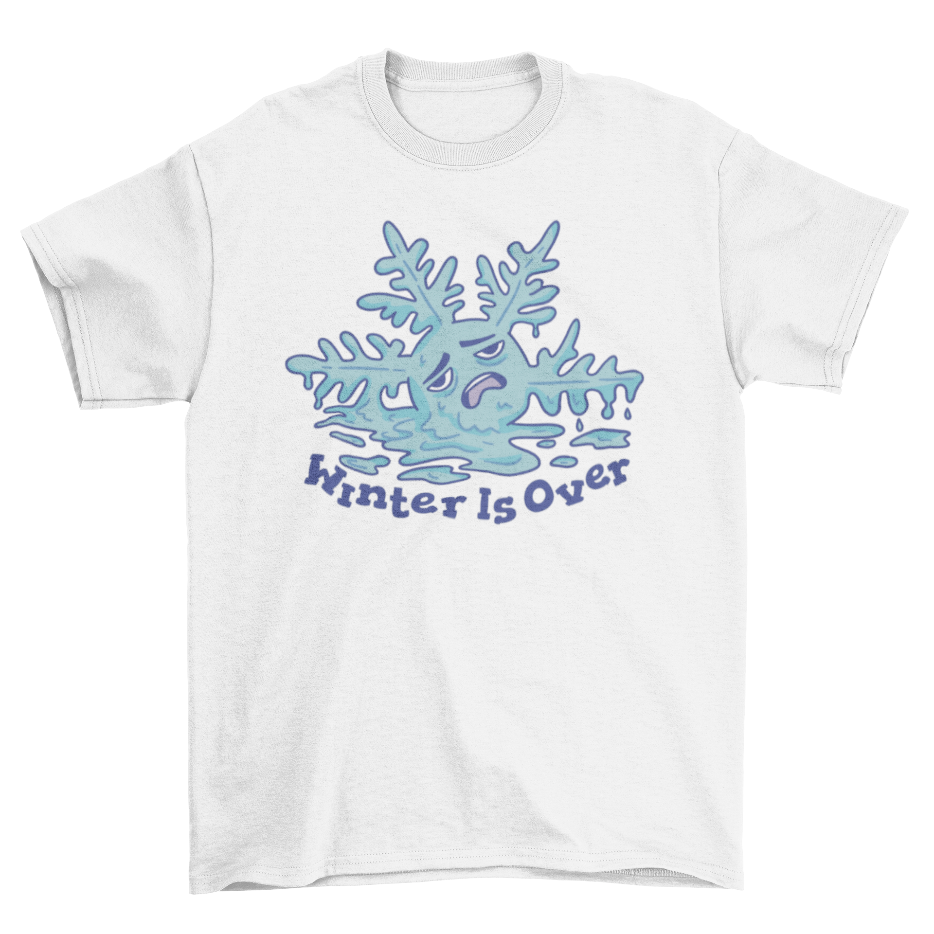 A humorous t-shirt featuring a melting cartoon snowflake with the quote 'Winter is over', perfect for spring.