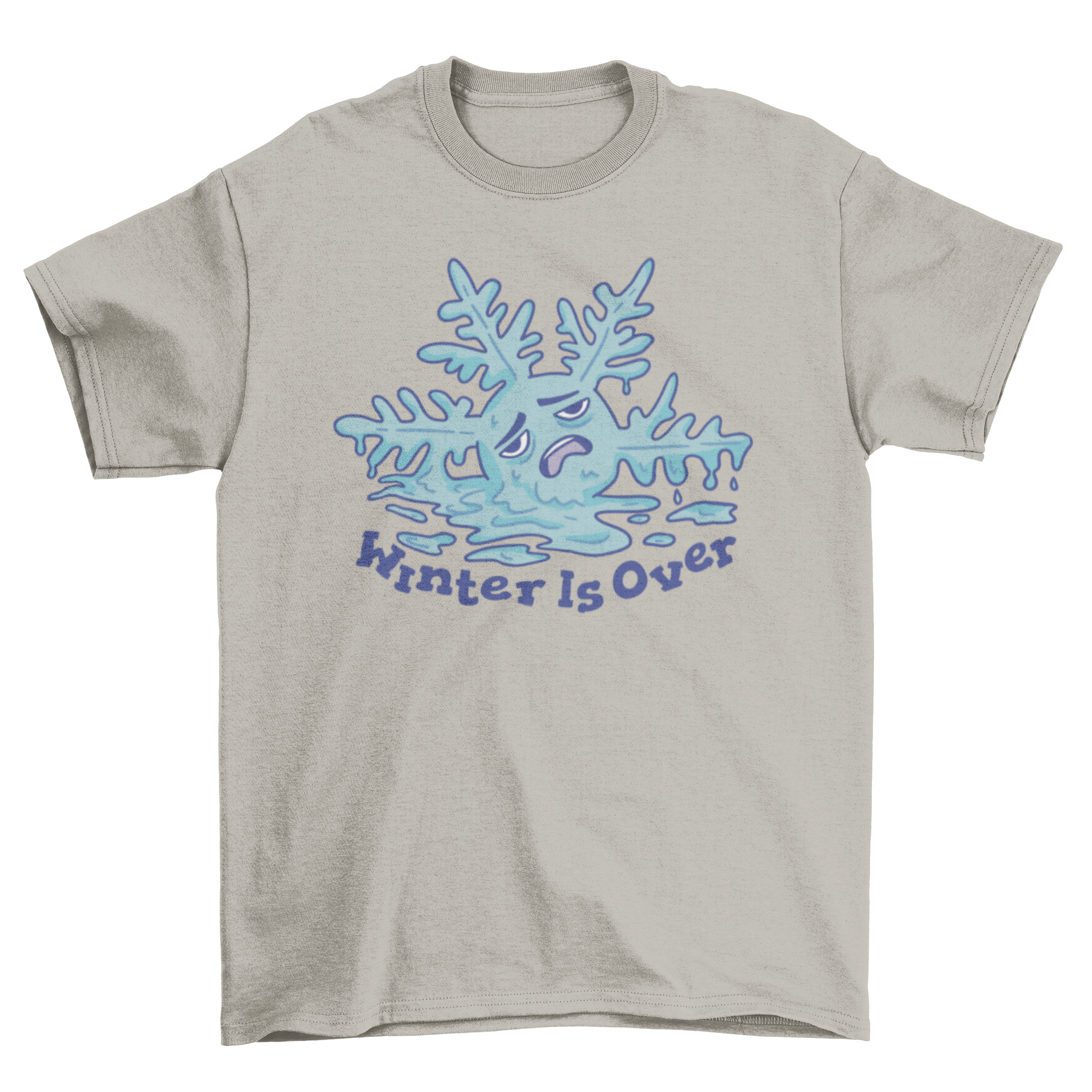 A humorous t-shirt featuring a melting cartoon snowflake with the quote 'Winter is over', perfect for spring.