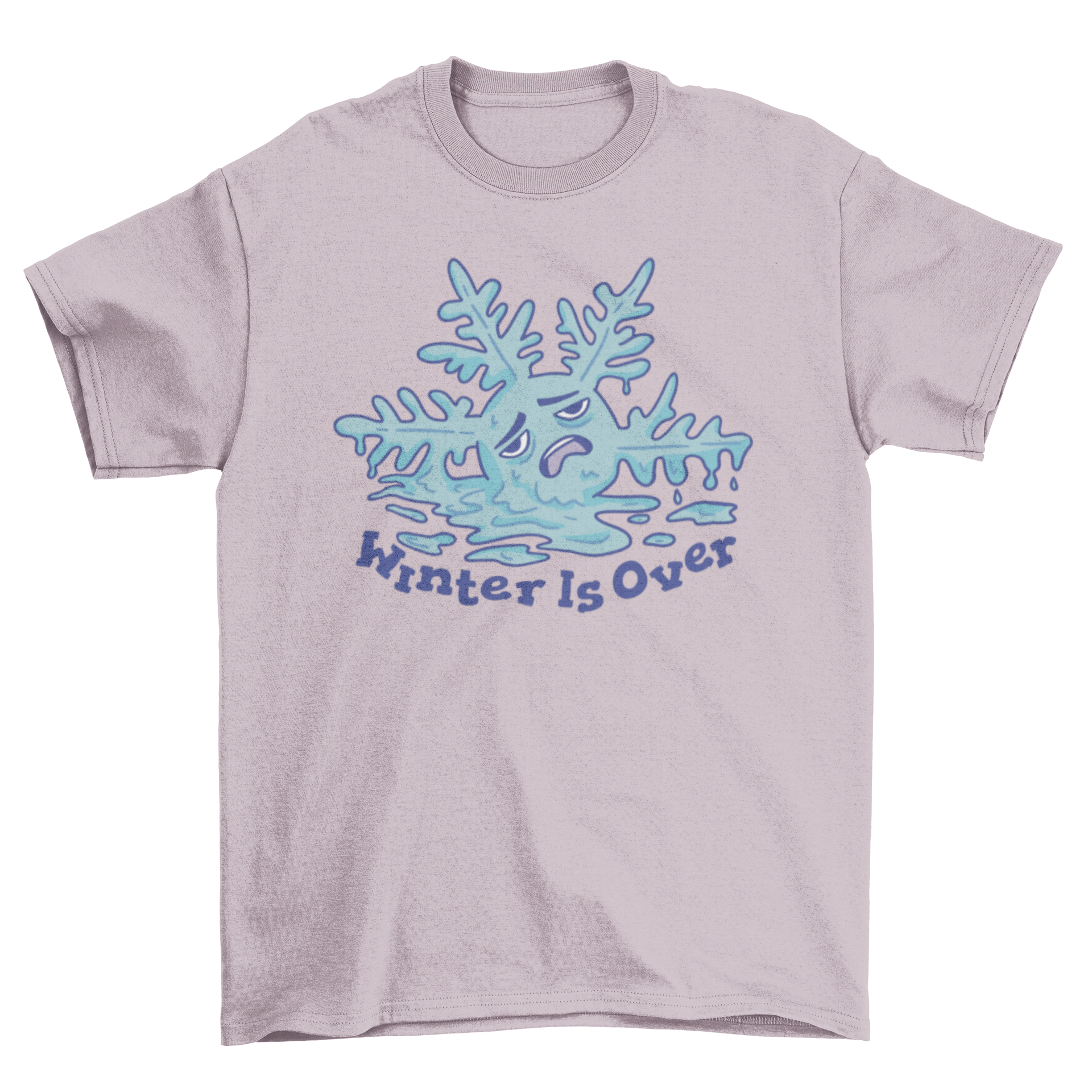 A humorous t-shirt featuring a melting cartoon snowflake with the quote 'Winter is over', perfect for spring.