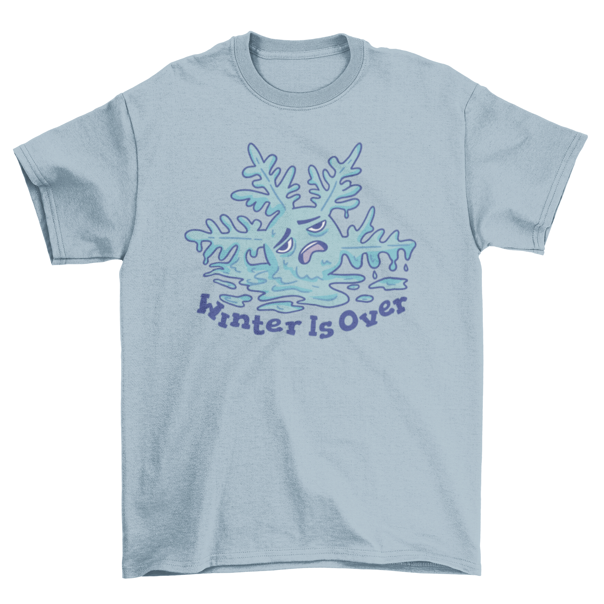 A humorous t-shirt featuring a melting cartoon snowflake with the quote 'Winter is over', perfect for spring.