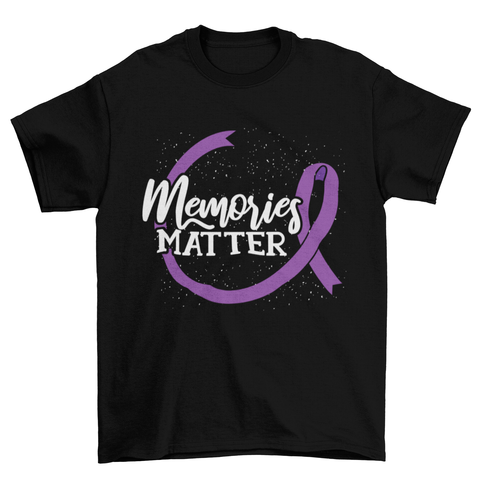 Memories Matter t-shirt featuring a purple ribbon and unique font design promoting Alzheimer's awareness.
