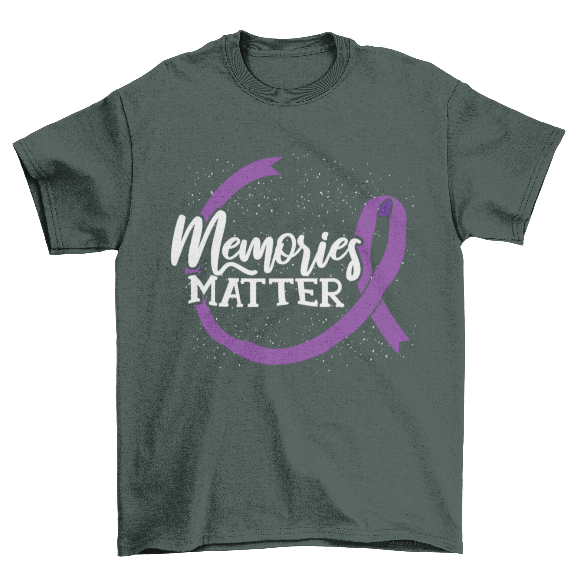 Memories Matter t-shirt featuring a purple ribbon and unique font design promoting Alzheimer's awareness.