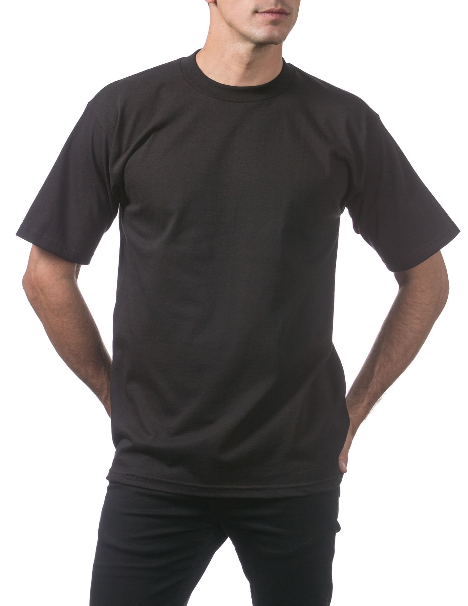 Men's Heavyweight Plain Black T-shirt displayed on a hanger, showcasing its soft fabric and athletic fit.
