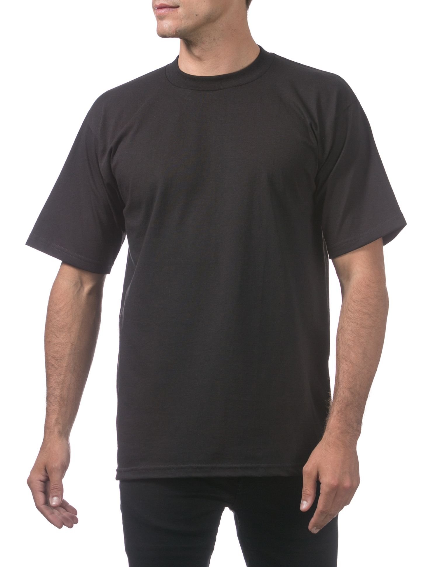 Men's Heavyweight Plain Black T-shirt displayed on a hanger, showcasing its soft fabric and athletic fit.